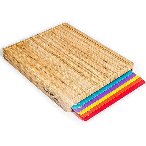 Cooler Kitchen: tabla de bambú con 6 tapetes coloridos para cortar y servir