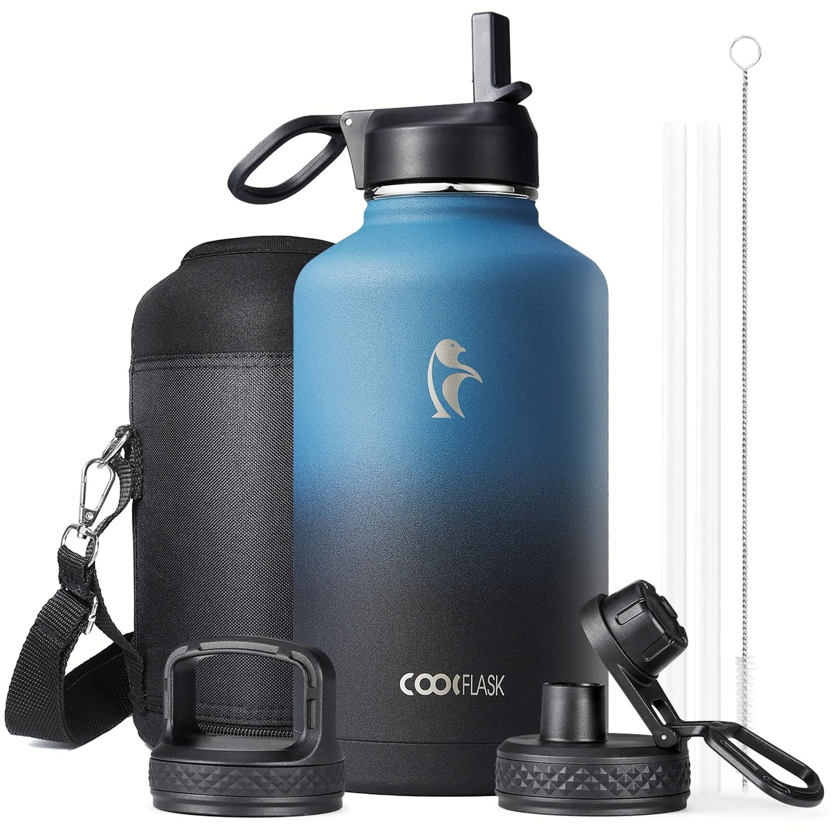 Coolflask botella 64 oz frontal con tres tapas, ideal para entrenar y viajar