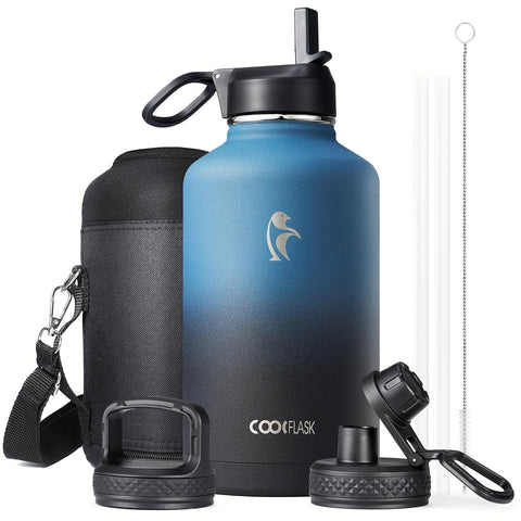 Coolflask botella 64 oz frontal con tres tapas, ideal para entrenar y viajar