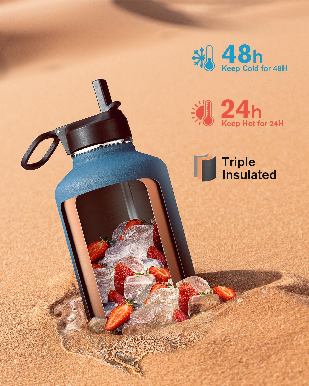 Coolflask botella 64 oz lateral con acero inoxidable y acabado anti-sudor