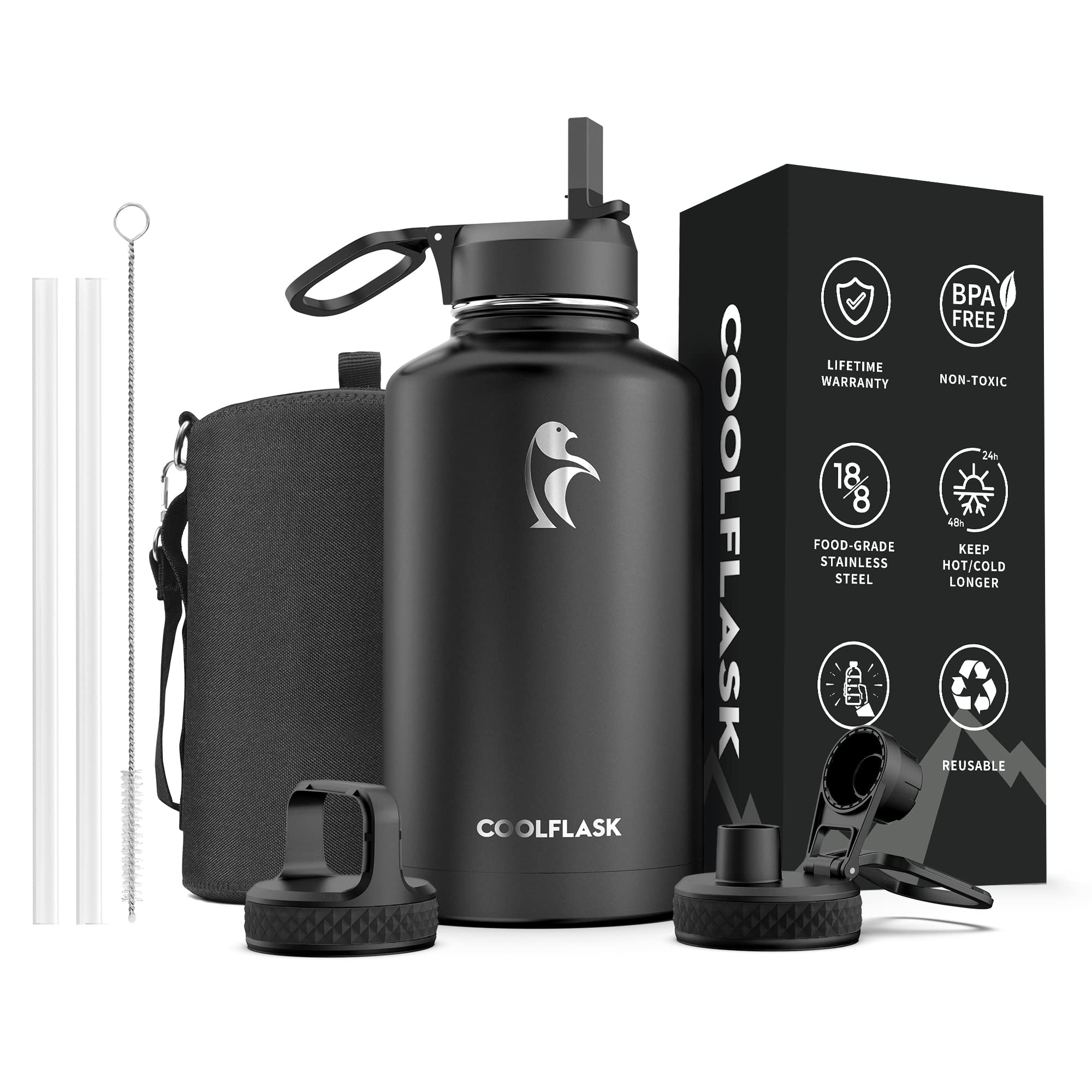Coolflask 64oz perfecto para deporte y viajes con tres tapas