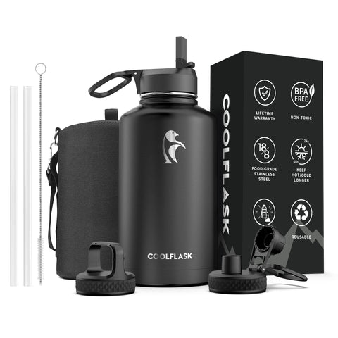 Coolflask 64oz perfecto para deporte y viajes con tres tapas