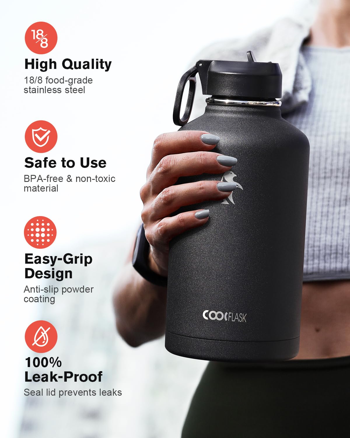 Coolflask 64oz con tapa boquilla para bebidas calientes en movimiento