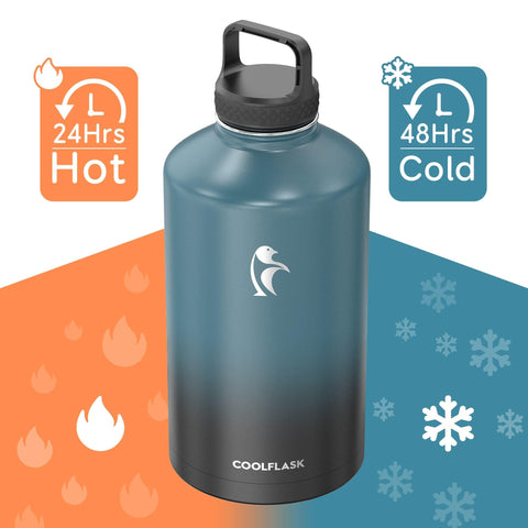 Coolflask botella 128oz con tapa paja, práctico para beber rápido en el gimnasio.