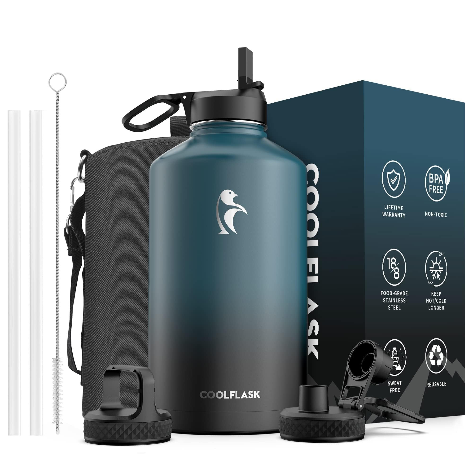 Coolflask botella 128oz con tapa roscada y mango, ideal para viaje.