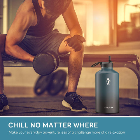 Coolflask botella 128oz para deportes, lista para usar en gym y oficina.