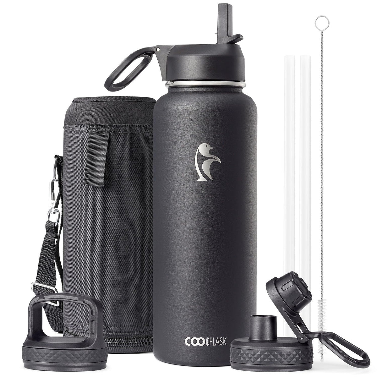 Coolflask botella 40oz con pajilla, ideal para beber en movimiento.
