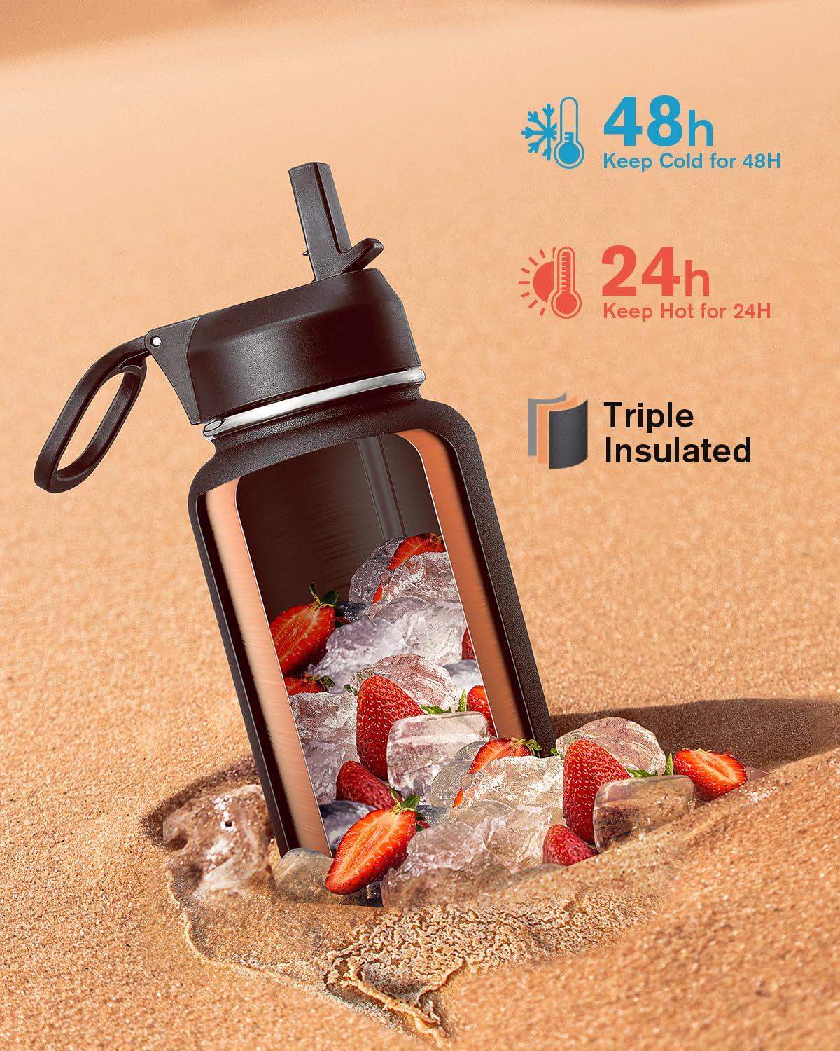 Coolflask botella 40oz aislada con tapa para hielos, mantiene la bebida fría.