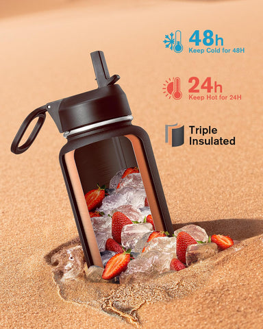 Coolflask botella 40oz aislada con tapa para hielos, mantiene la bebida fría.