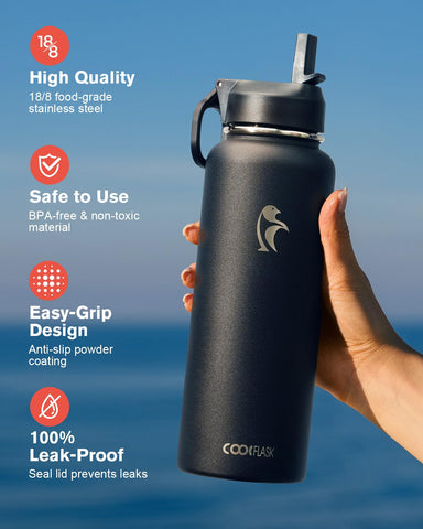Coolflask botella 40oz con tapa plegable para fácil transporte.