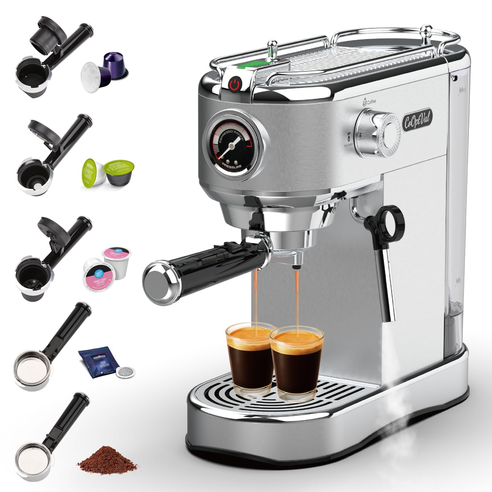 CoOptVal máquina espresso 20 bar, vista frontal, rendimiento estable para espresso.
