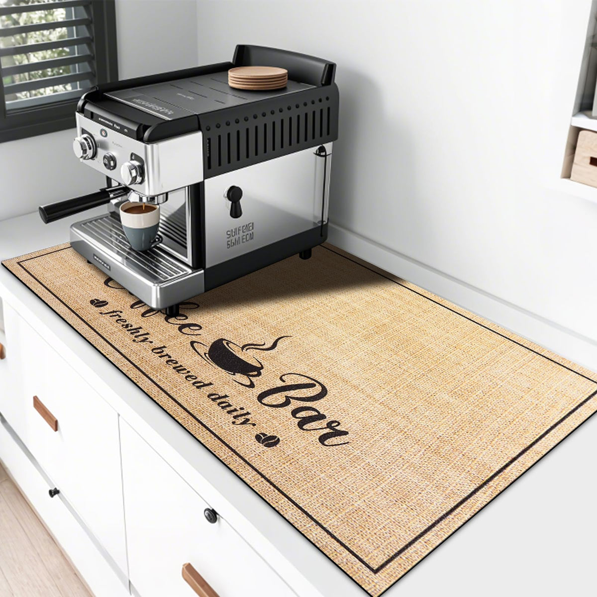 Alfombra absorbente CooRug para café mantiene seco el mostrador.