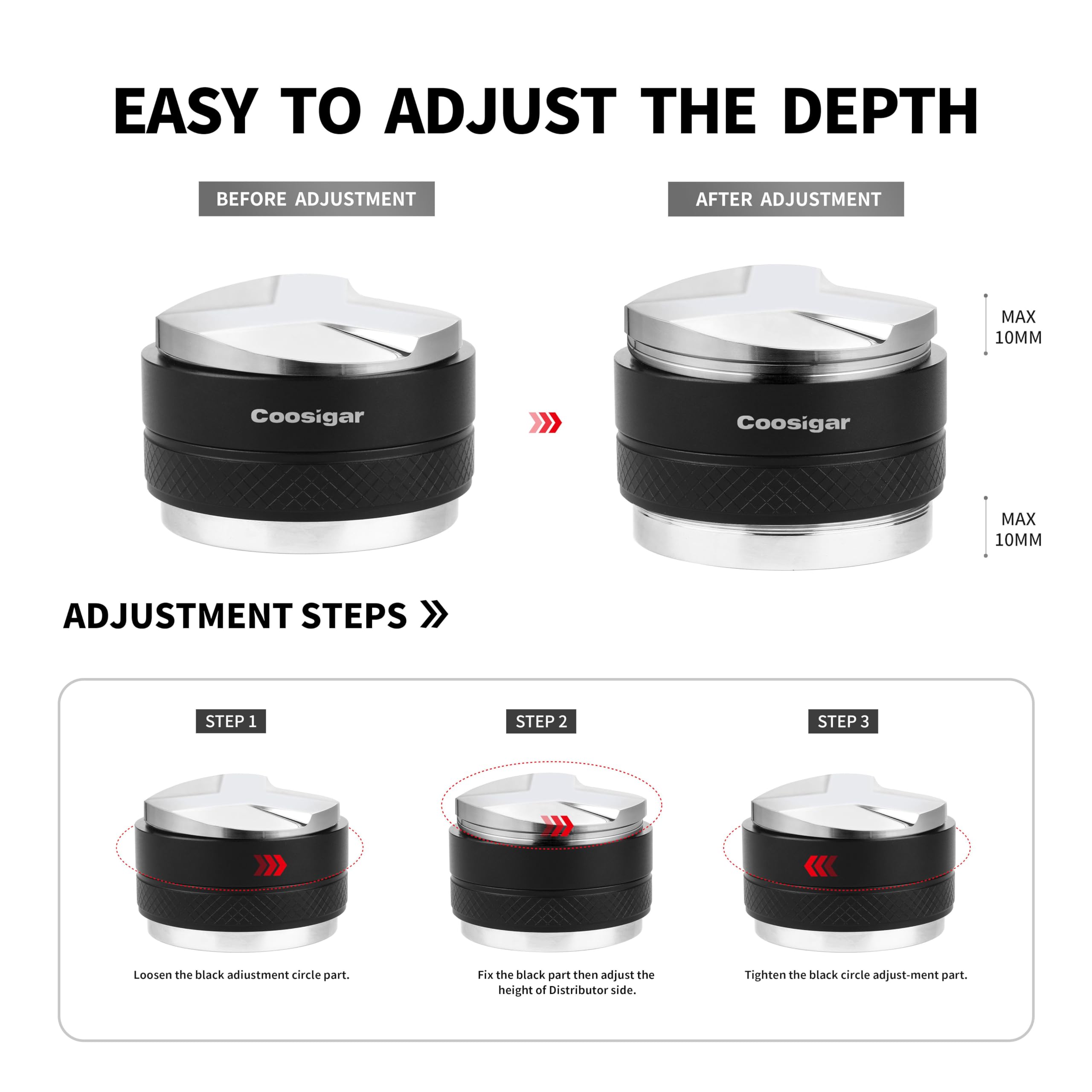 Coosigar distribuidor-tamper-54mm mango de aluminio ergonómico para agarre cómodo.