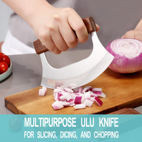 Coowolf Ulu cuchillo mezzaluna para cortar pizza y verduras con hoja curva de acero.