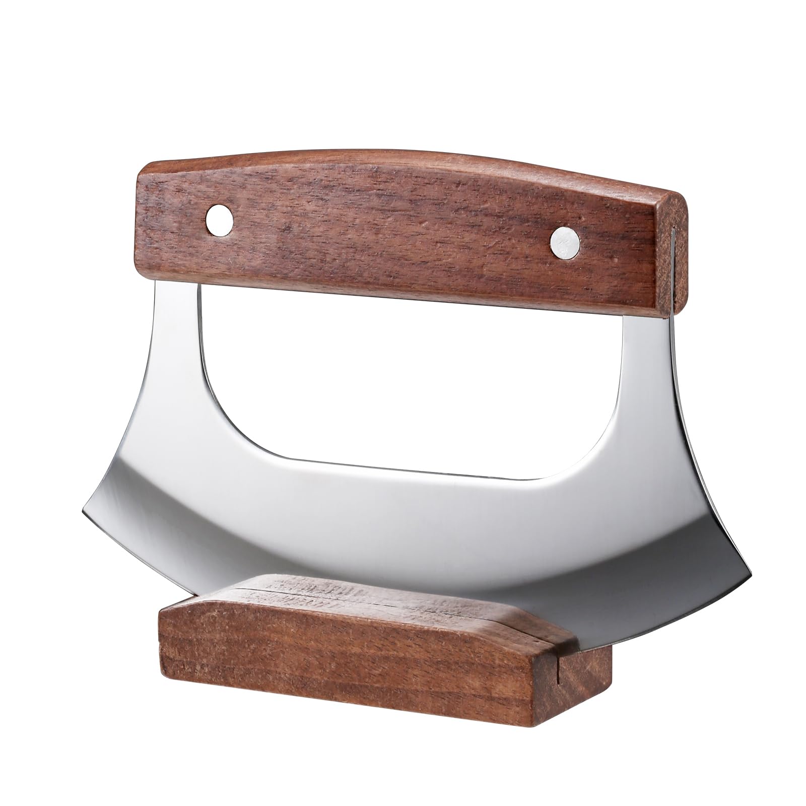 Coowolf Ulu cuchillo mezzaluna sobre soporte de nogal para cocina ordenada y segura.