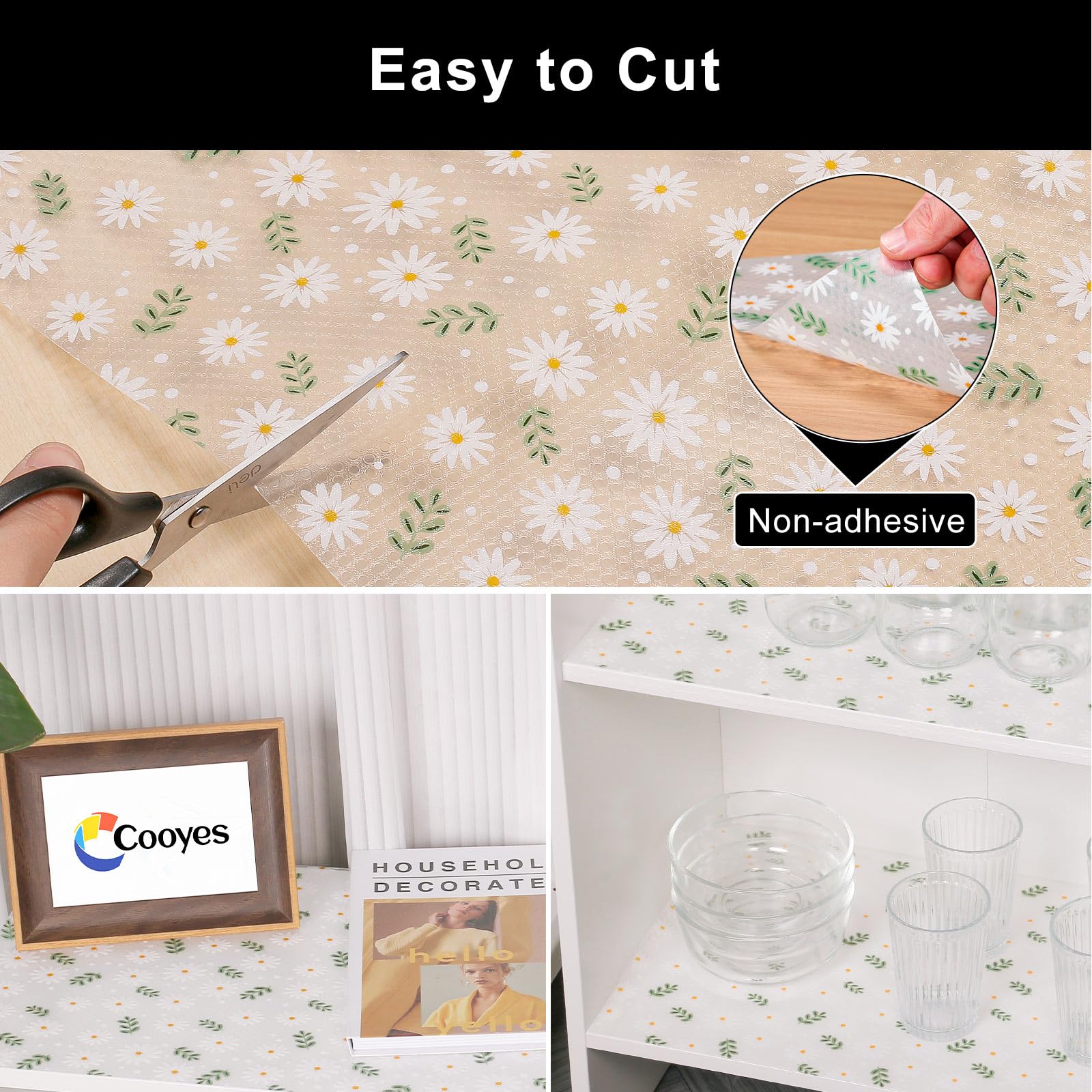 Cooyes forro para estantes con patrón margarita, protege derrames y facilita limpieza.