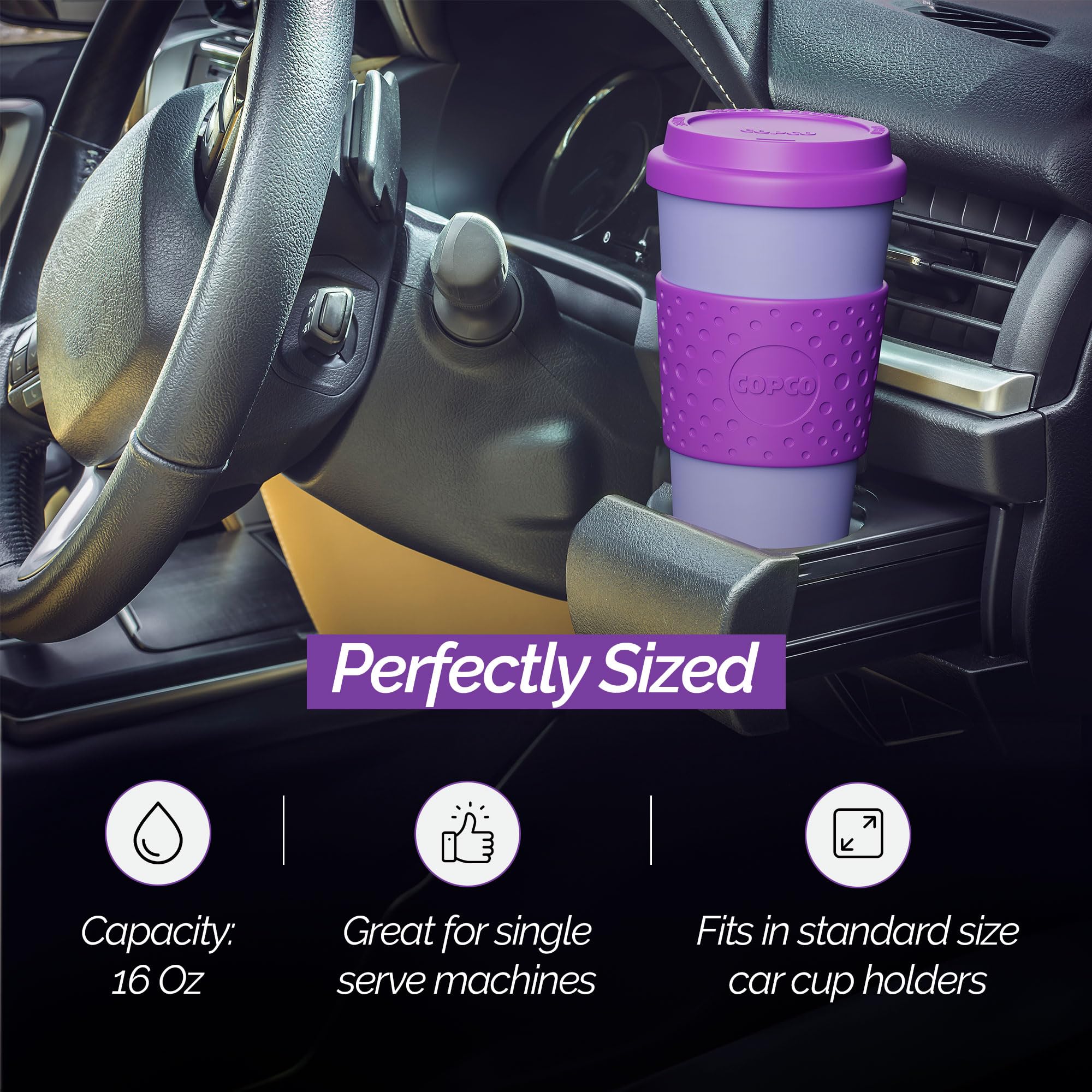 Taza morada Copco Acadia para llevar, ideal para cualquier ruta.