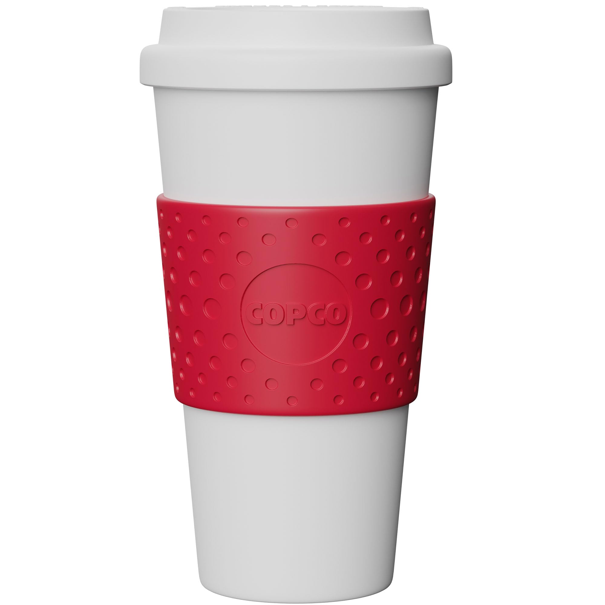 Copco Acadia frontal en rojo cereza, ideal para llevar café caliente.