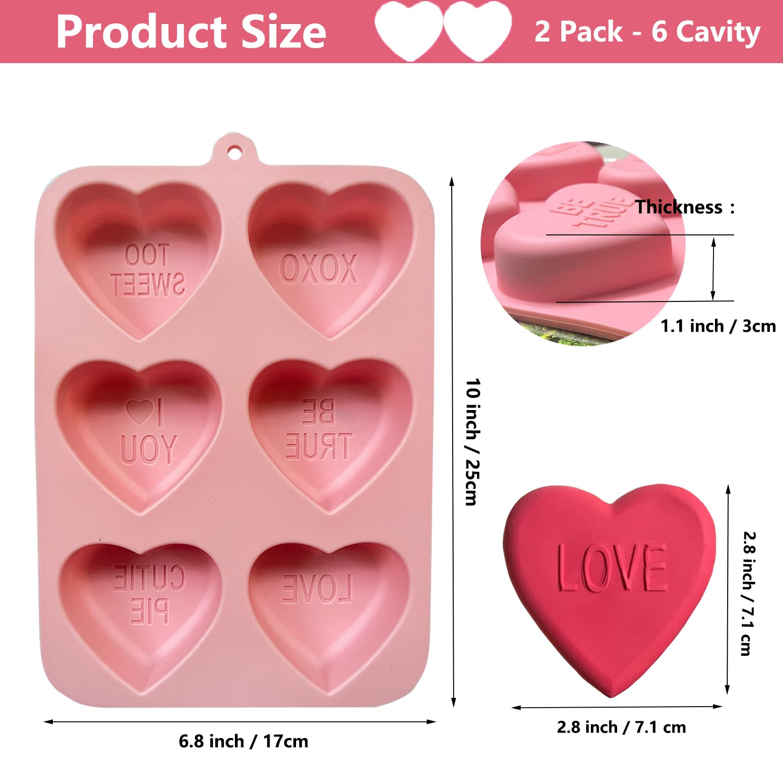 Molde de corazón de silicona rosa Copzievkae con 6 cavidades para repostería.