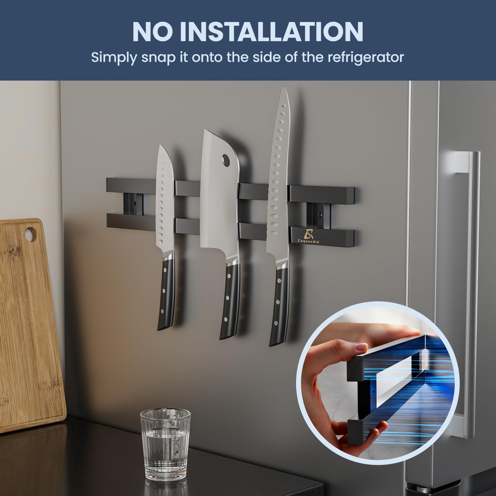 CoquusAid barra afilador magnético con acabado de acero inoxidable para cocina elegante.