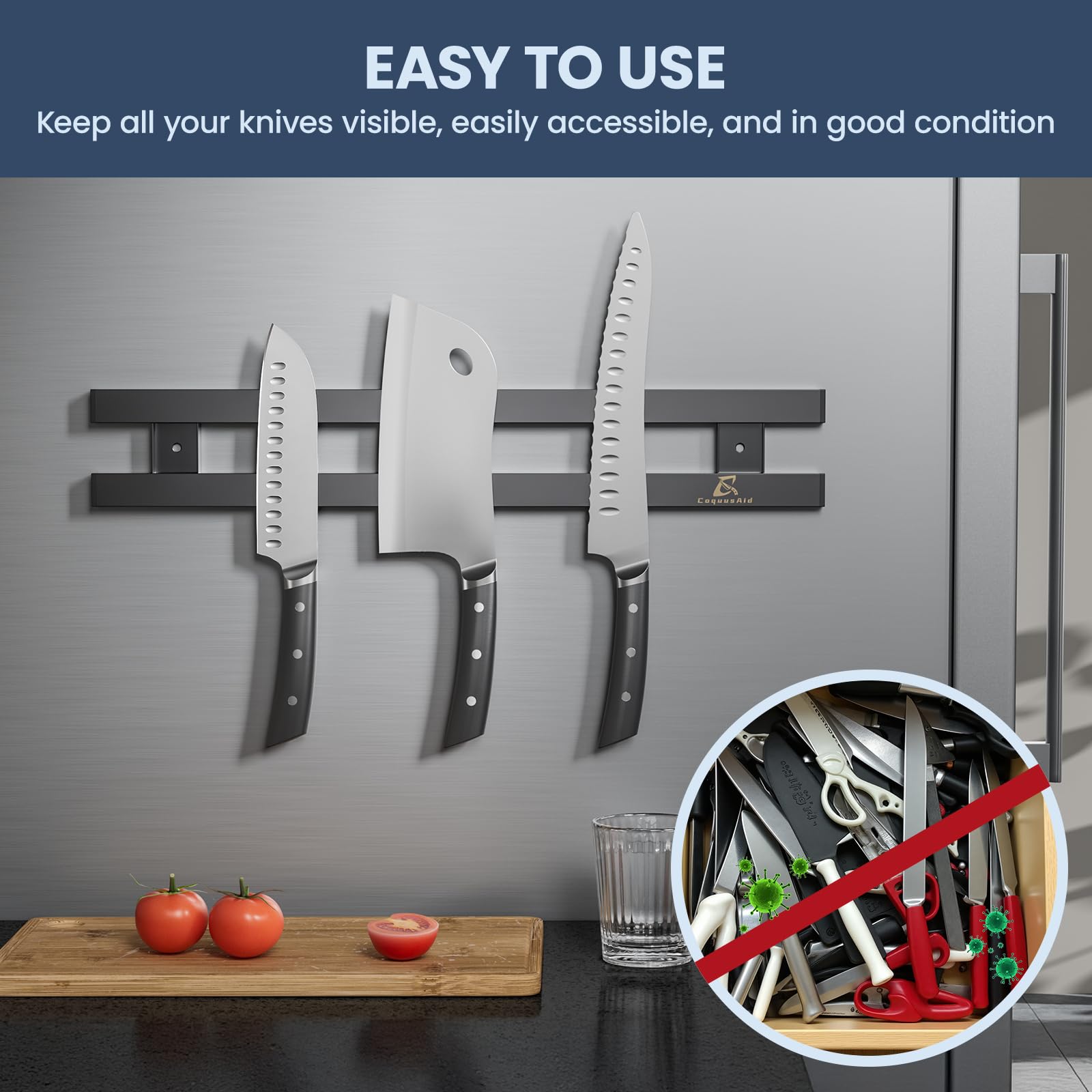 CoquusAid barra afilador magnético montada en pared para un espacio de cocina ordenado.
