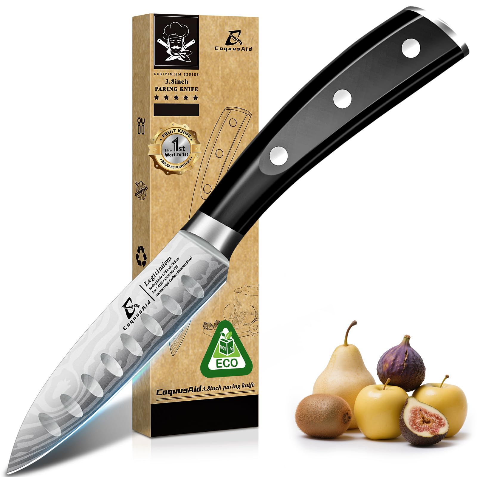 Cuchillo pelador CoquusAid con hoja damascus de 3,75 pulgadas para precisión en frutas