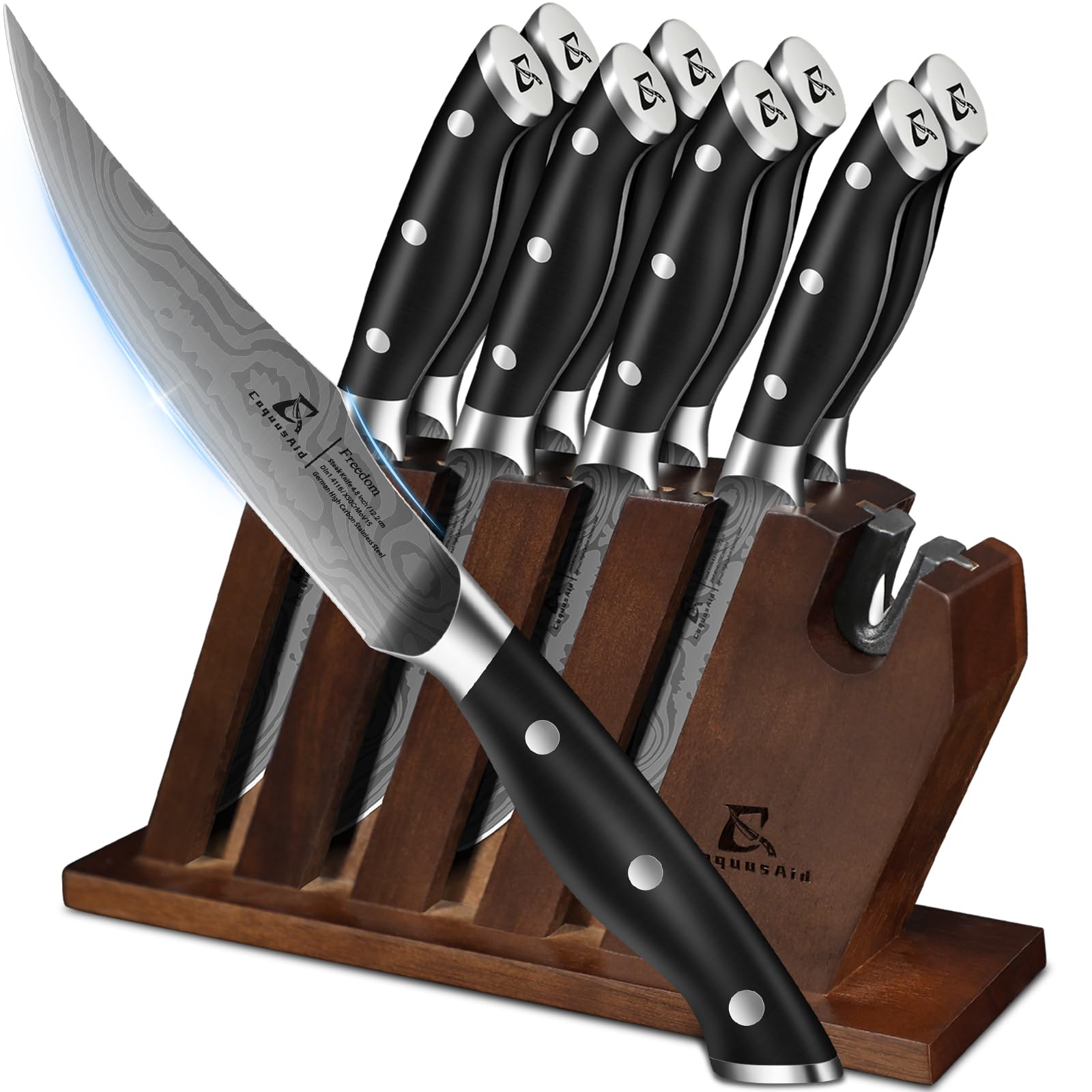 Cuchillos CoquusAid de 8 piezas con afilador integrado para un filo constante.