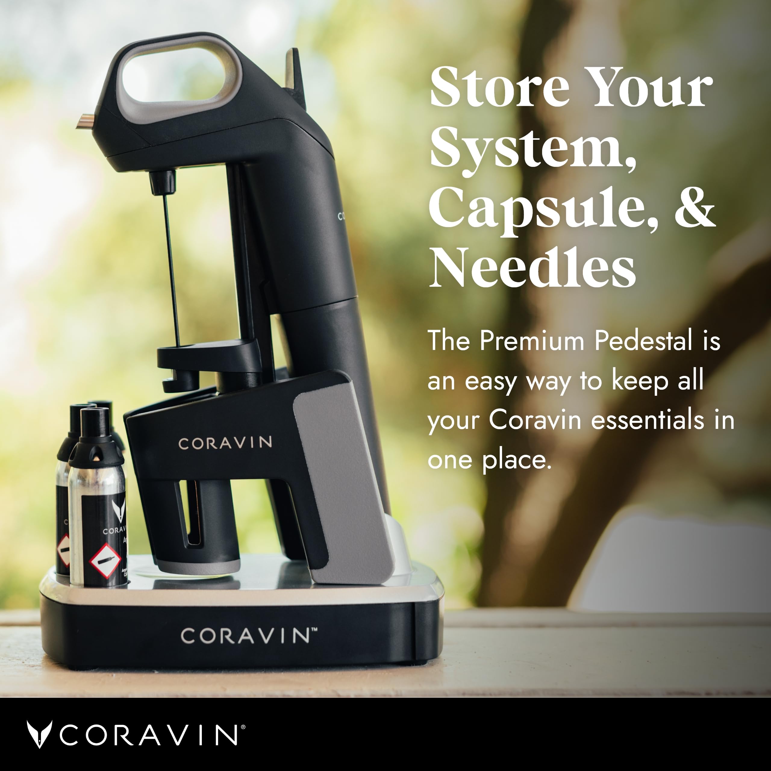 Pedestal Coravin con cajón para accesorios, mantiene agujas y herramientas ordenados