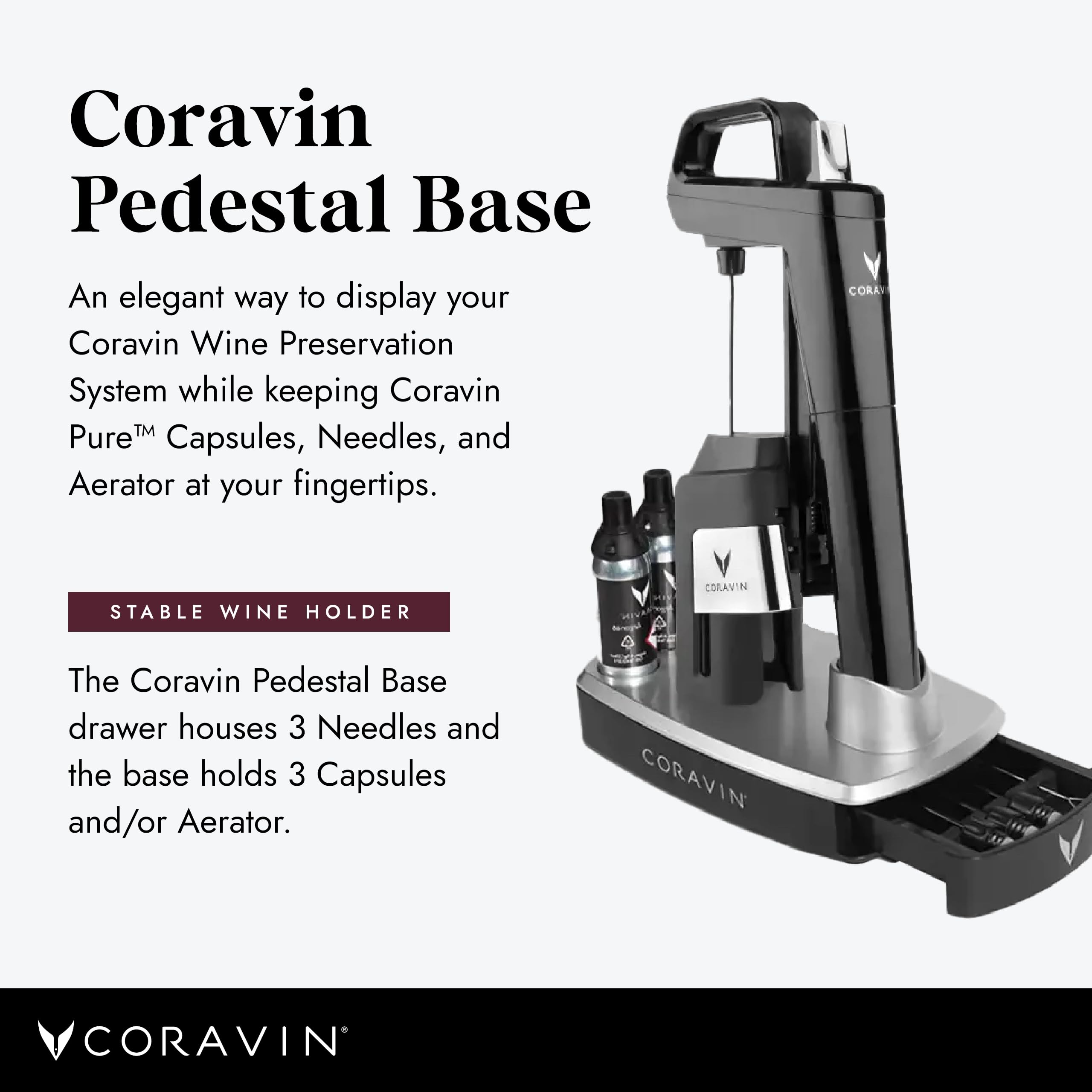 Pedestal Coravin con espacios para cápsulas, fácil acceso a cápsulas de argón