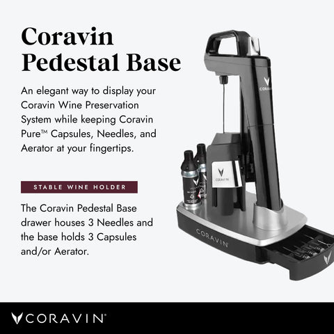 Pedestal Coravin con espacios para cápsulas, fácil acceso a cápsulas de argón
