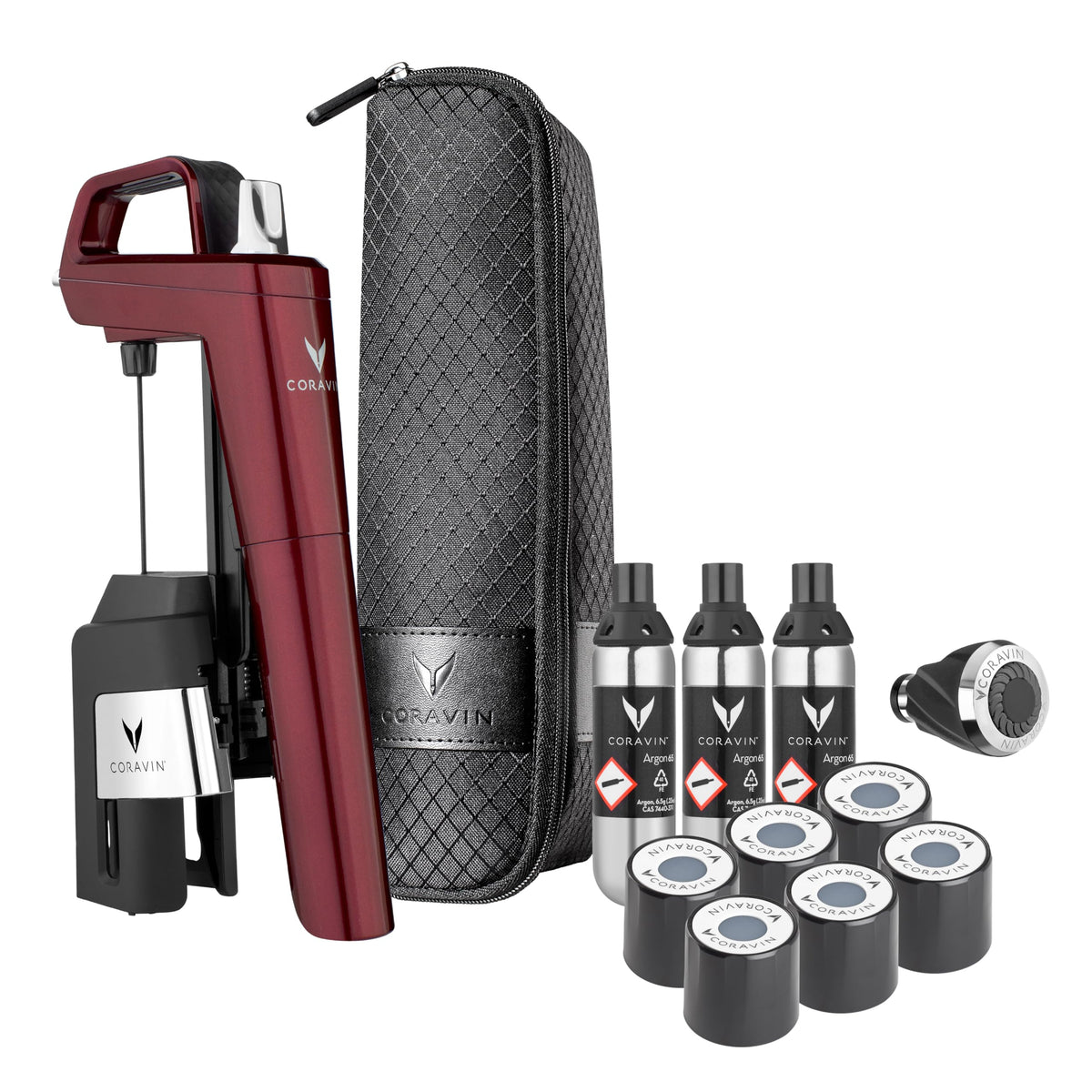 Coravin Timeless Six Plus: cápsulas de argón para preservar vino y reducir oxidación.