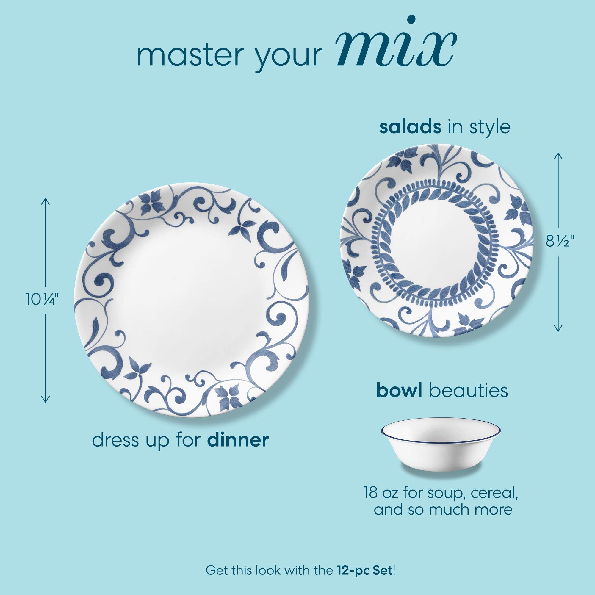 Corelle Artemis 12 piezas: platos de almuerzo 22 cm, ligeros y fáciles de manejar