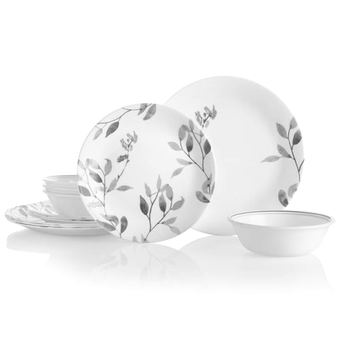 Corelle Boutique Hojas de Niebla, vajilla 12 piezas para cuatro comensales, fácil de limpiar.