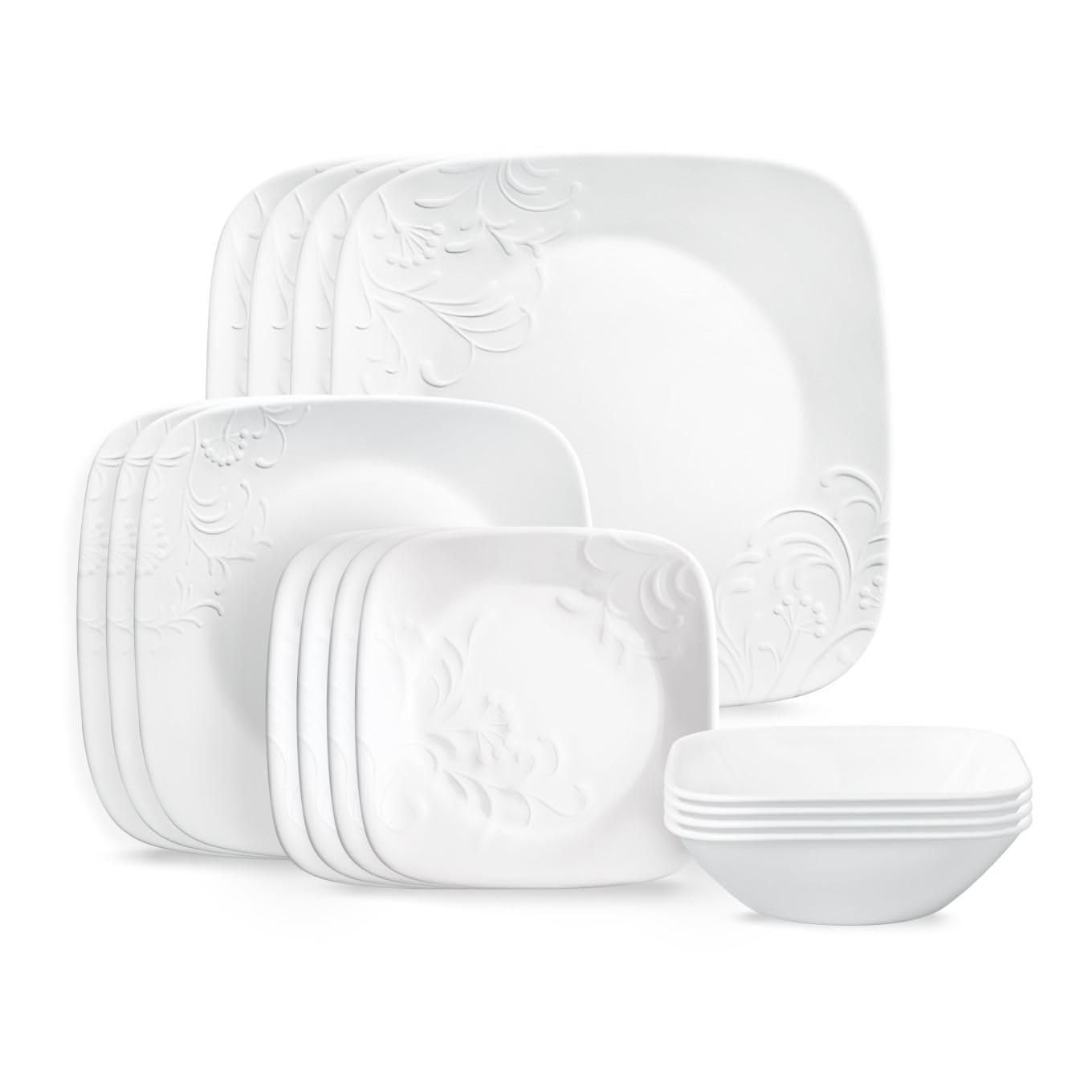 Corelle Cherish, conjunto 16 piezas, vajilla blanca resistente a astillas para uso diario y ocasiones.