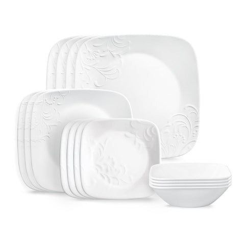 Corelle Cherish, conjunto 16 piezas, vajilla blanca resistente a astillas para uso diario y ocasiones.