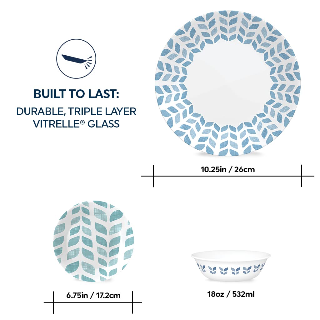 Corelle Colección Global Vitrelle: diseño de hojas en azul y verde azulado, estilo minimalista nórdico.