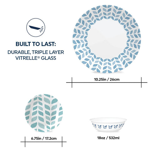 Corelle Colección Global Vitrelle: diseño de hojas en azul y verde azulado, estilo minimalista nórdico.