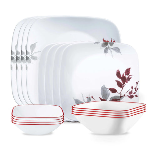 Corelle Kyoto Leaves: juego 16 piezas, platos y cuencos, uso diario seguro.