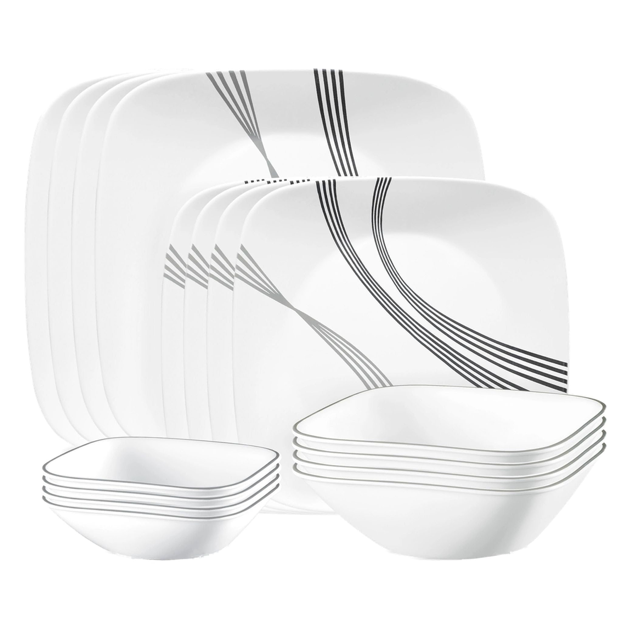 Corelle Urban Arc: plato de cena para cuatro, diseño cuadrado, resistente y apto para microondas