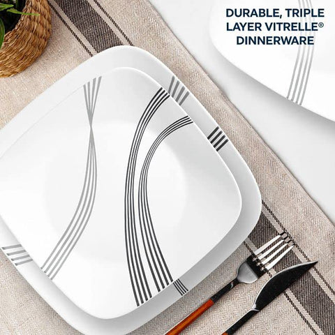 Corelle Urban Arc: plato de ensalada para cuatro, blanco y gris, ligero y práctico