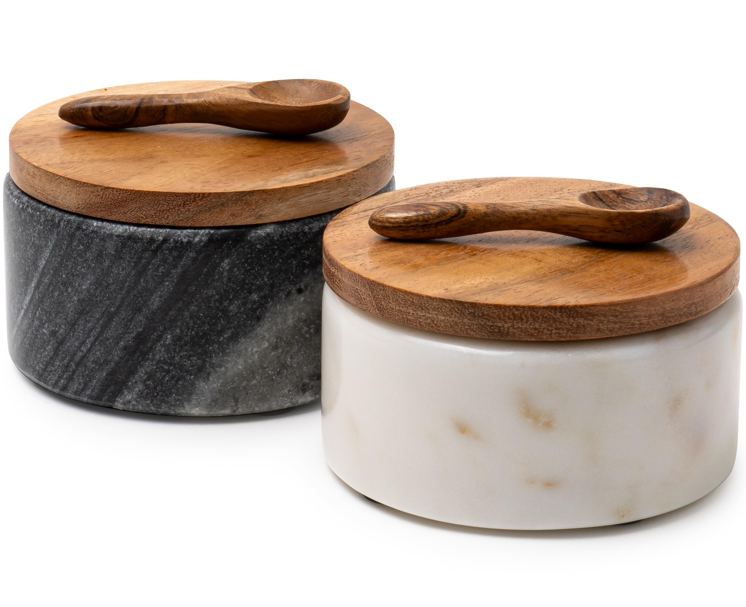 Jarras Cork & Mill de mármol blanco y gris con tapa, ideales para sal y pimienta.
