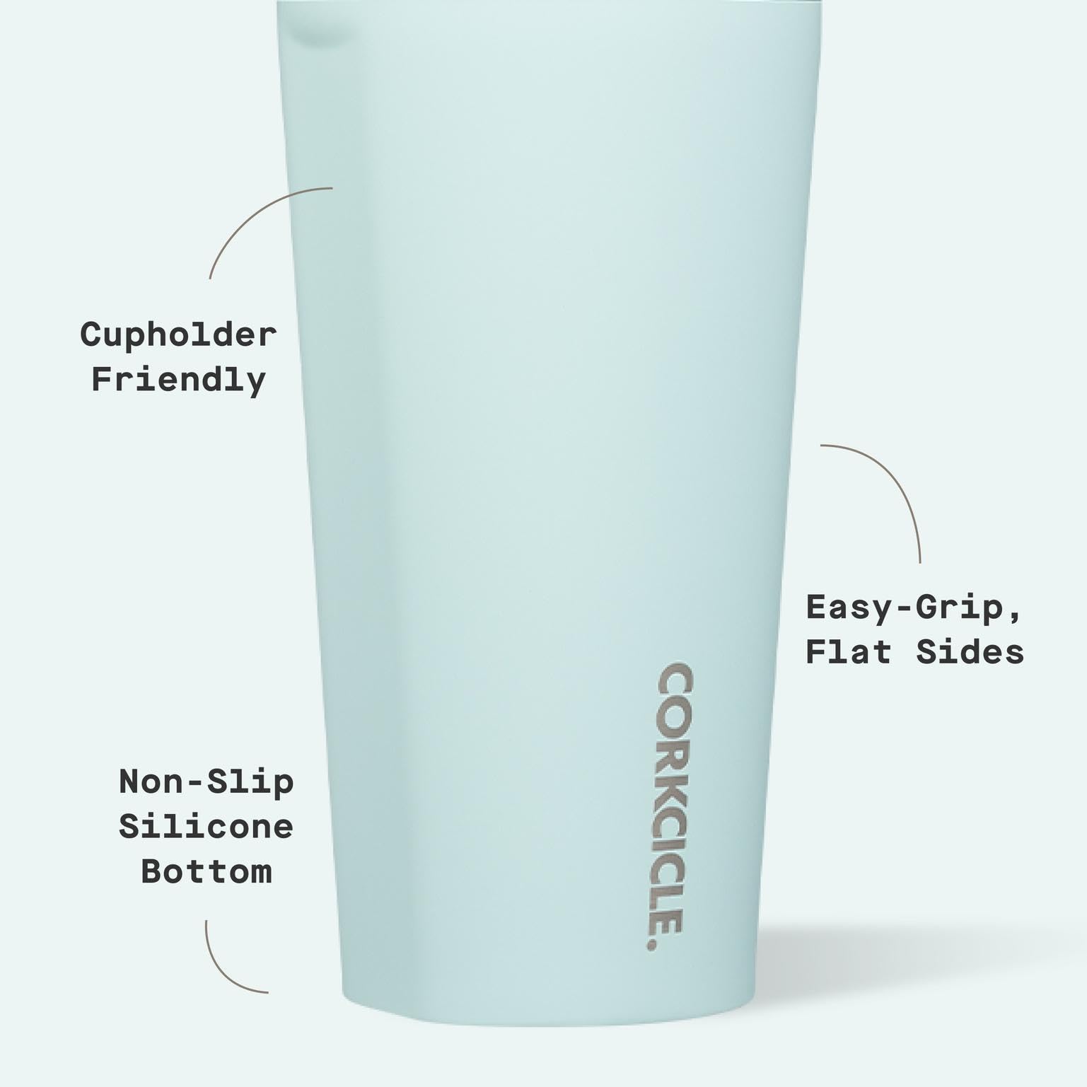 Corkcicle Clasico Tumbler con bordes planos para agarre cómodo.