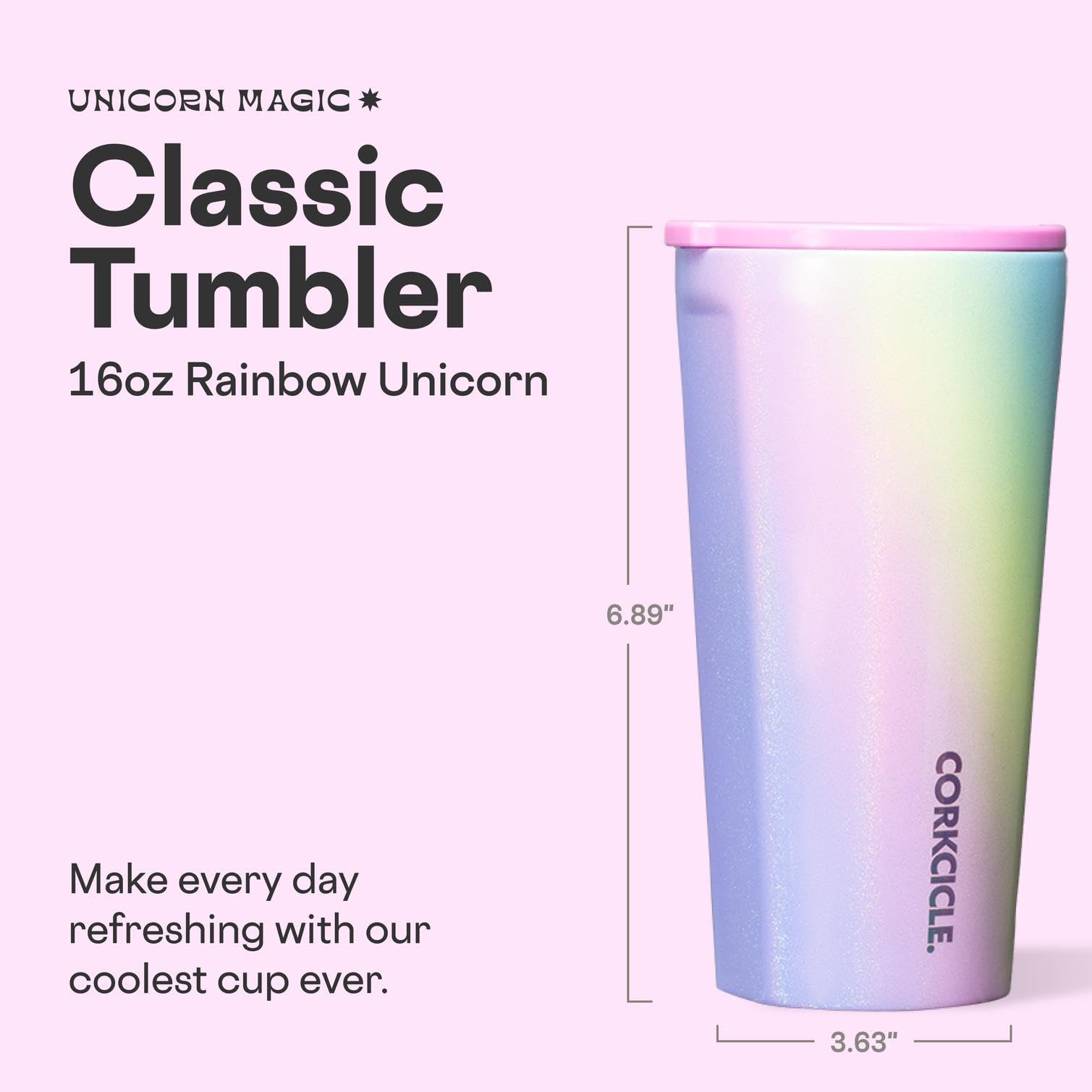 Corkcicle Vaso Clasico Arcoiris Unicornio: agarre plano para uso diario.
