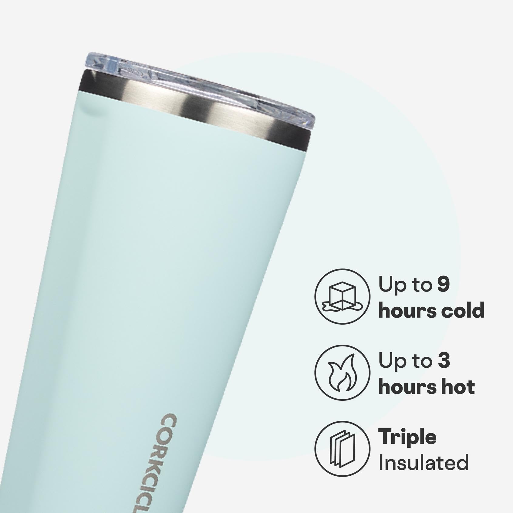 Corkcicle Clasico Tumbler con tapa evita derrames durante el transporte.