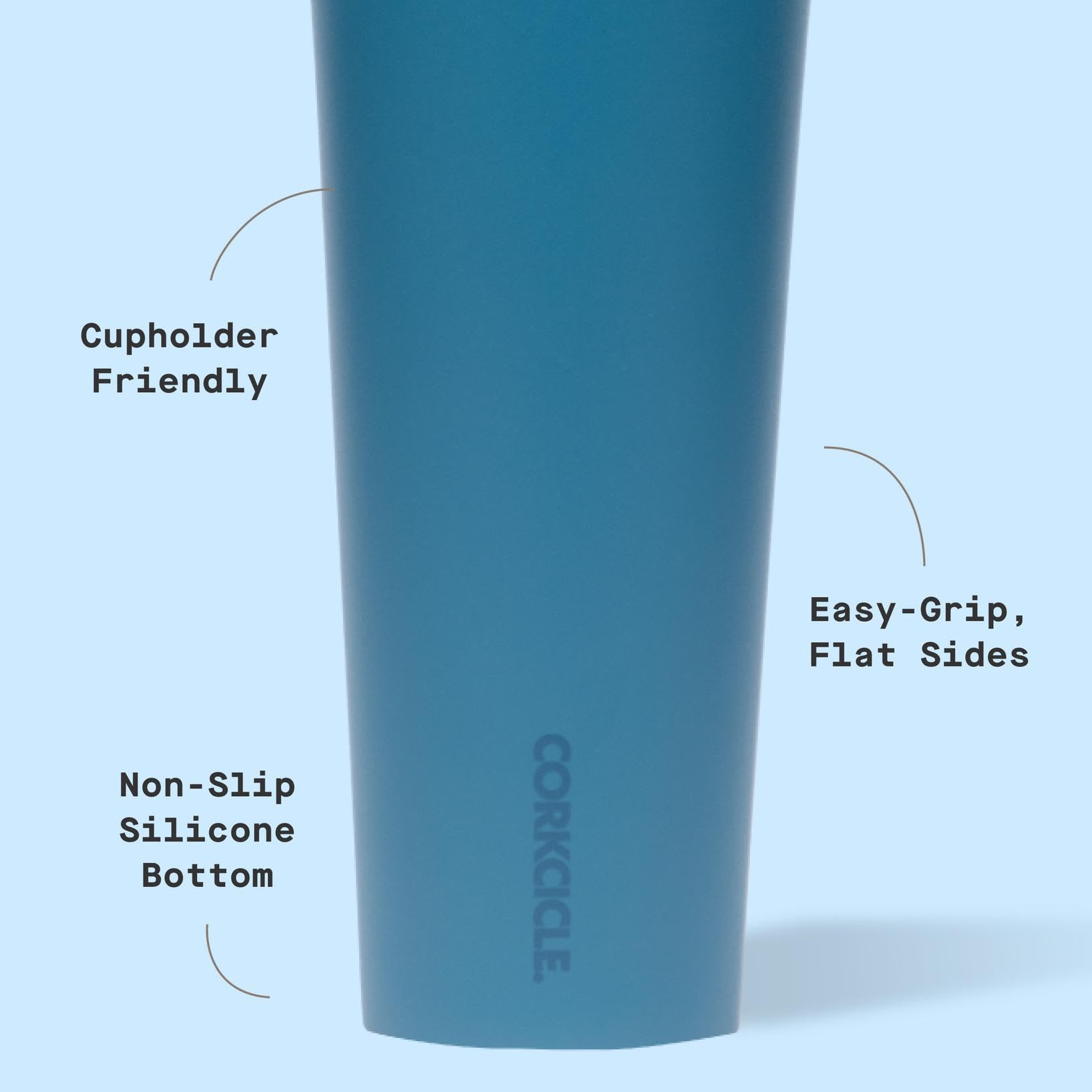 Corkcicle Classic Tumbler lados planos para agarre cómodo.