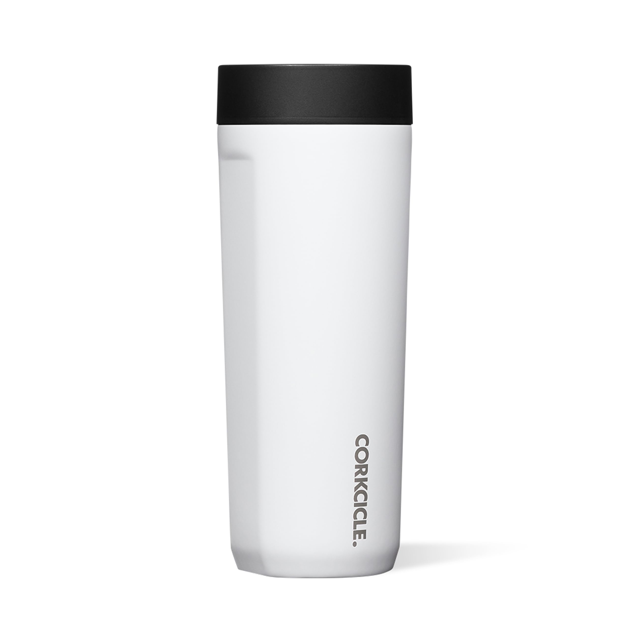 Corkcicle Commuter Cup, frente blanco brillante, ideal para bebidas frías durante el viaje.