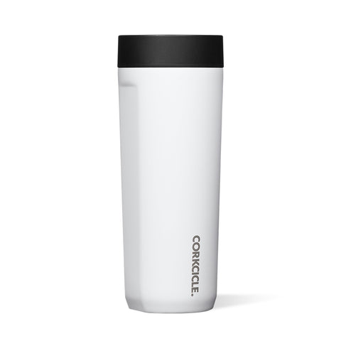 Corkcicle Commuter Cup, frente blanco brillante, ideal para bebidas frías durante el viaje.