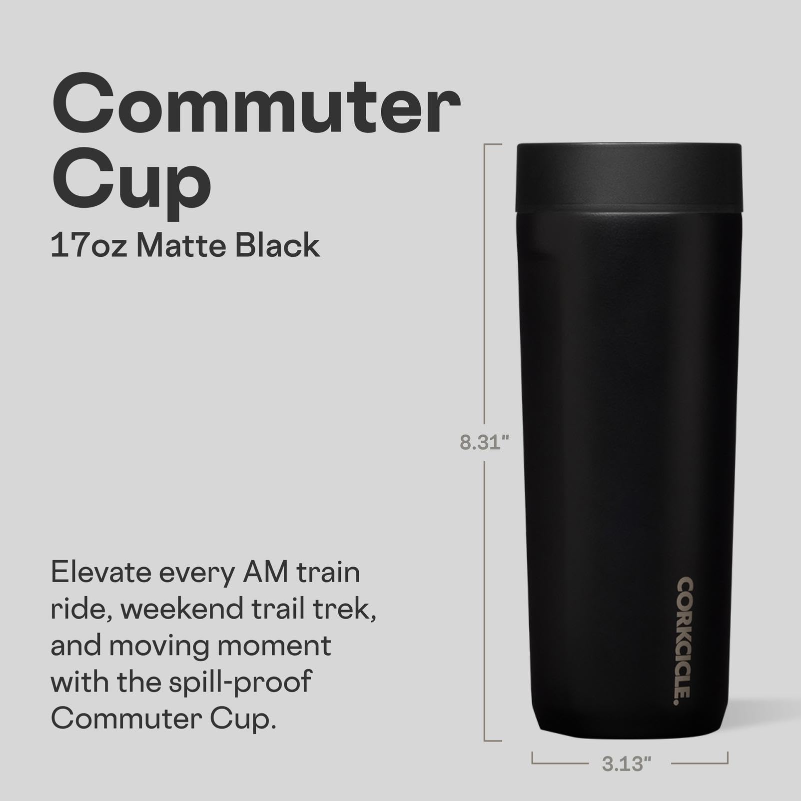 Corkcicle Commuter Cup, acabado mate negro, diseño moderno para la vida diaria.