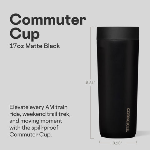 Corkcicle Commuter Cup, acabado mate negro, diseño moderno para la vida diaria.