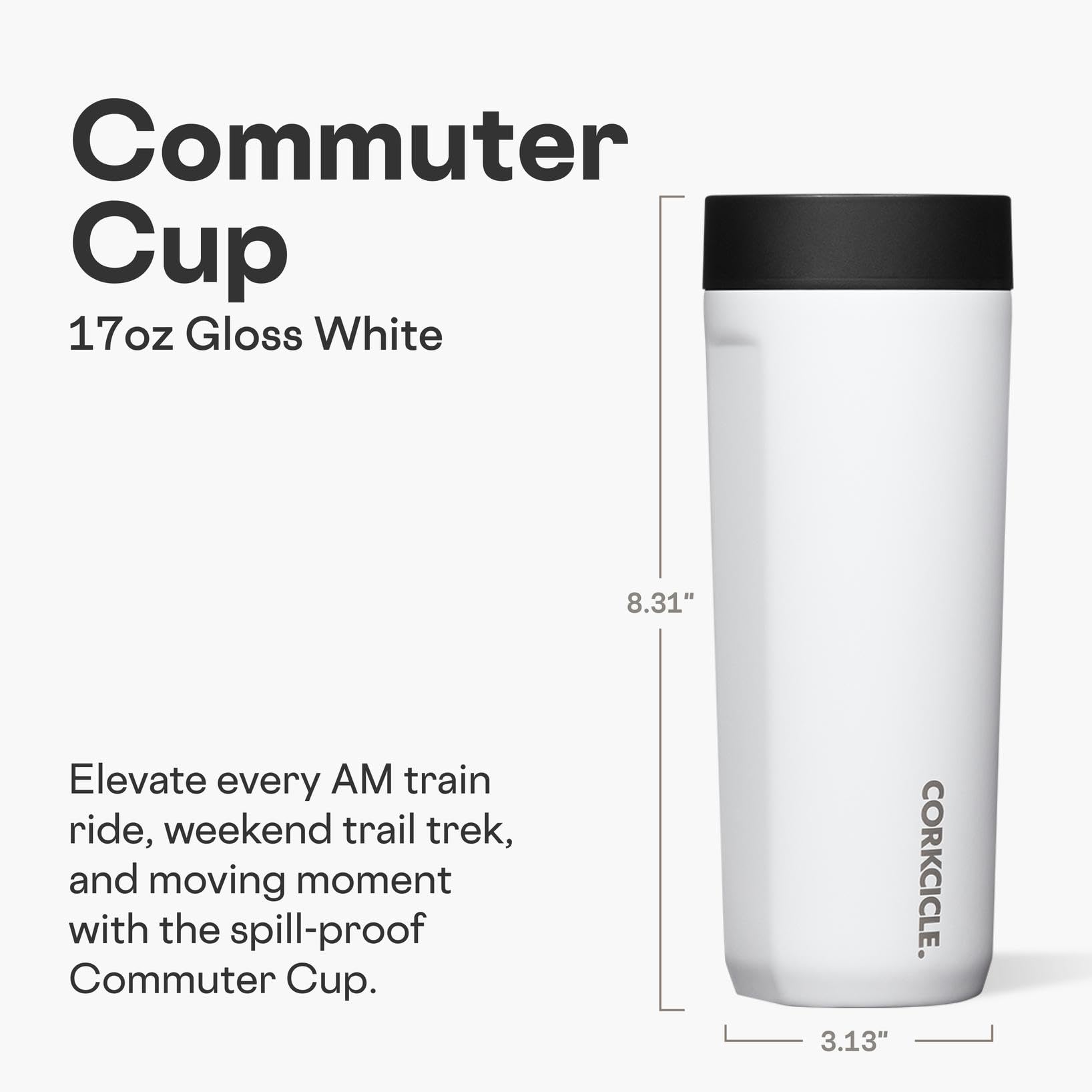 Corkcicle Commuter Cup con aislamiento triple para mantener frío hasta 18 horas.